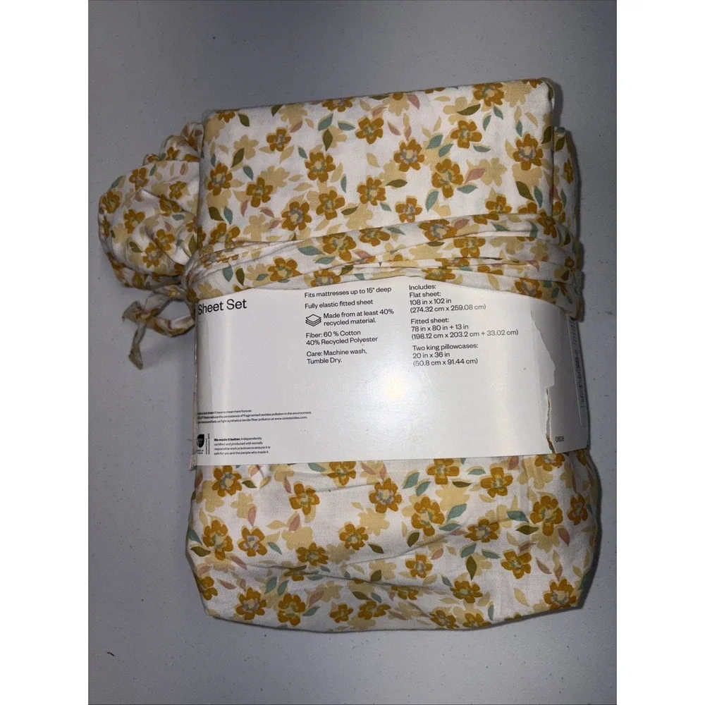 King Cotton Blend Sateen Sheet Set Yellow Floral - Room Essentials